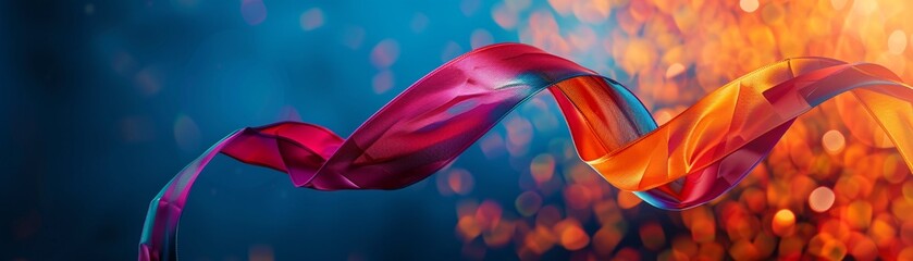 Elegant pink and orange silk ribbons twist in the air against a warm, glowing bokeh light background, evoking a sense of celebration and festivity.