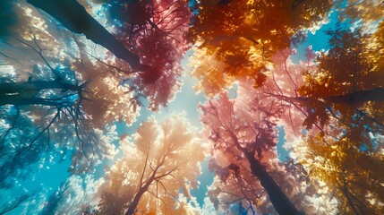 Fototapeta na wymiar colorful trees from underneath looking up graphic poster web page PPT background