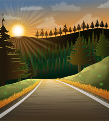 landscape asphalt auto road in nature among mountains hills and trees vector illustration