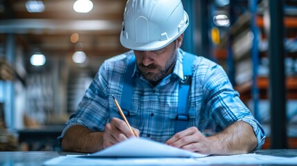 A man in hard hat writing on paper with pencil, AI