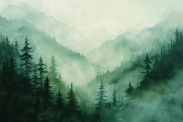 fog in the mountains among tall fir trees
