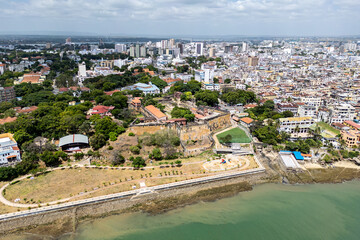 Top view of Mombasa Kenya. city view from above to Mombasa embankment with Fort Jesus.