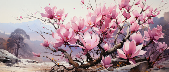 a painting of a tree with pink flowers in the background