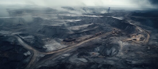 Aerial drone view of coal surface mining in an open pit mine.