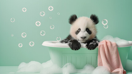 Baby panda in bathtub with bubbles on a pastel green background. Minimal abstract animal concept.