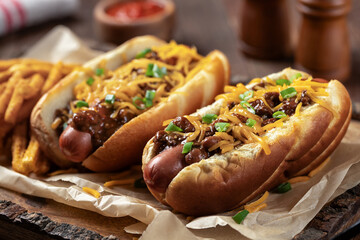 Chili hot dogs with shredded cheese and chopped green onions - 780599052