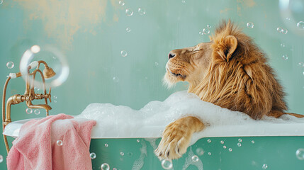 Lion in bathtub on a pastel green background. Pink towel on the side of the tub. Minimal pastel animal concept.