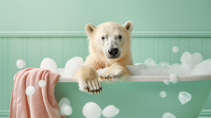 Surreal concept of a polar bear in bathtub with bubbles on a pastel green background. Minimal animal concept.