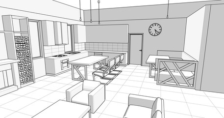 interior kitchen living room 3d illustration	
