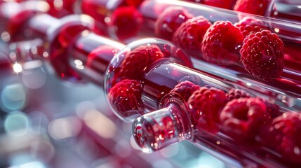 A close up of a bunch of raspberries in some glass tubes, AI - Powered by Adobe
