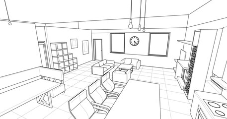 interior kitchen living room 3d illustration	
