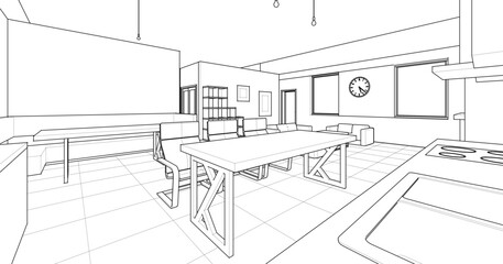 interior kitchen living room 3d illustration	
