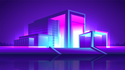 Modern shining neon mall. Business office building night illustration.