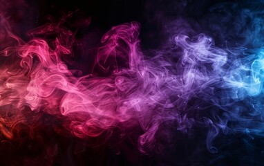 Fototapeta premium Dramatic swirls of smoke in a fusion of red and blue hues create a powerful abstract composition on a dark canvas.