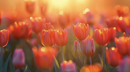 Use photography techniques to balance the sunlight, ensuring the tulips are illuminated without losing detail or becoming overexposed. - obrazy, fototapety, plakaty