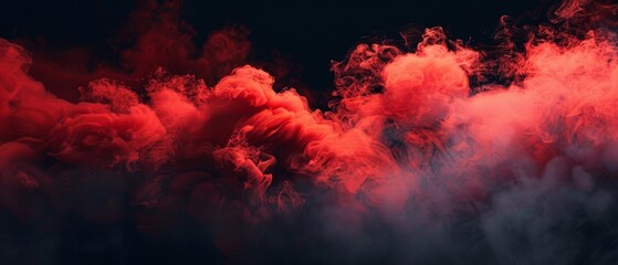 Panoramic view of an explosive red smoke formation stretching across a black void, perfect for wide format use. - obrazy, fototapety, plakaty
