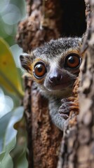 Fototapeta premium A small lemur animal peeking out of a tree hole with its eyes open, AI
