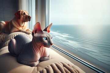 A cat and dog are laying on couch by a window overlooking the ocean