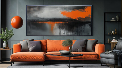 abstract art, modern painting, gray and orange wall art. 