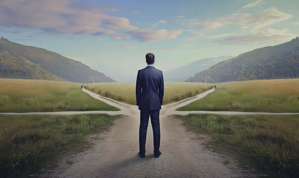 businessman standing on a path between two cross roads , a fateful decision make a decision, define a future , decisions concept 