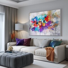 Luxurious living room with a large sofa and a beautiful painting