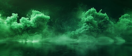 Swirling green clouds in motion, creating a turbulent and dreamy landscape against a dark atmosphere.