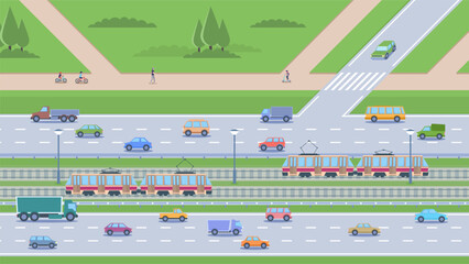 Flat colorful illustration of city street. Big traffic cars on the road near the park, trams are driving, public transport scene.