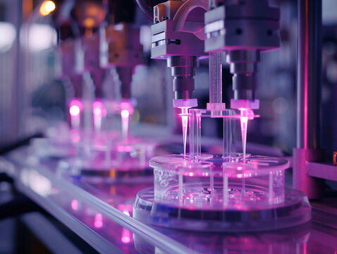Futuristic world where tissue synthesis unfolds in labs with 3D bioprinters fusing engineering and fantasy in a captivating story. Generative ai.