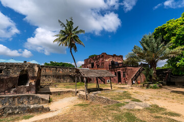 old fort Jesus in Kenyan city of Mombasa on the coast of the Indian Ocean. Fort Jesus is a Portuguese fortification in Mombasa, Kenya. It was built in 1593 - obrazy, fototapety, plakaty