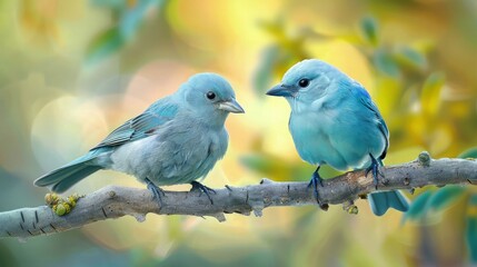 two blue birds perched on a branch amidst the lush forest foliage, ensuring to capture their cute and playful demeanor.