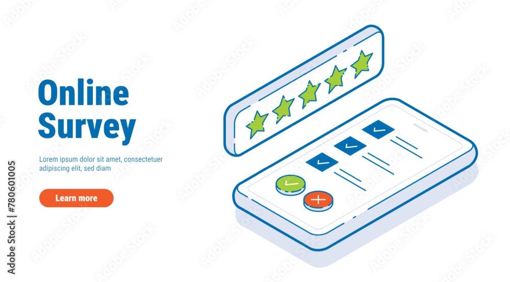 Poster online survey isometric vector concept. putting check mark on checklist on smartphone. survey from f