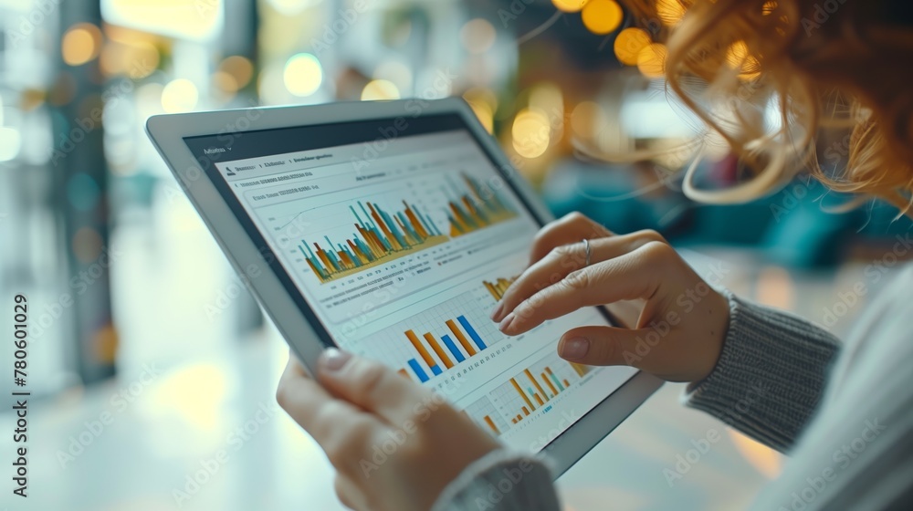 Poster analyzing financial data on digital tablet. close-up of a businessperson analyzing financial statist