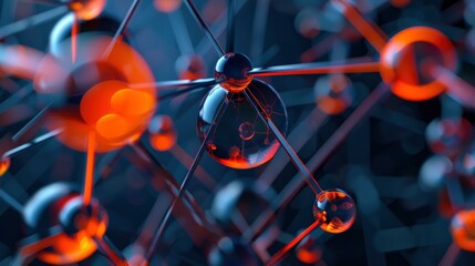 3D rendering of a closeup view of an abstract depiction of the structure and molecules in carbon, incorporating shades of red to symbolize their connection with orange energy - obrazy, fototapety, plakaty
