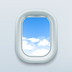 Vector aircraft window or porthole. View of the blue sky with clouds. Stock illustration.