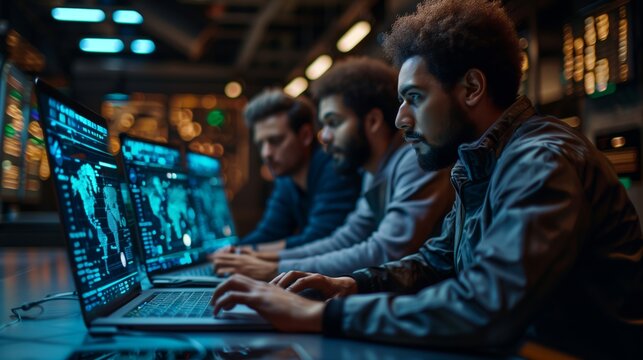 Tech Team Monitoring Data in Network Operation Center. Dedicated team of technicians intensely monitors data on multiple screens in a network operations center.