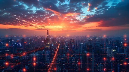 Obraz premium A blockchain powered city floating in the sky, with data streams as roads