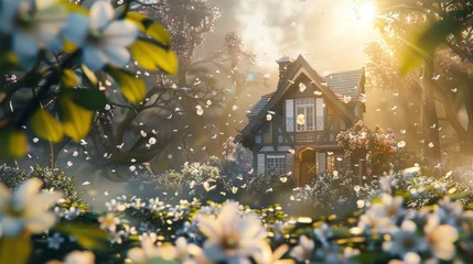 Fototapeten A beautiful house surrounded by white flowers in a spring scene. Sunlight shining through the leaves and flowers onto houses, with falling petals like snowflakes © MI coco
