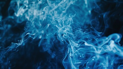 A blue smoke with swirling patterns against a black background, creating an abstract and mysterious atmosphere. The smoke forms delicate shapes that resemble human figures or animals - obrazy, fototapety, plakaty