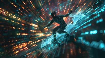 Aliens surfing on waves splash of digital data in a blockchain powered virtual reality