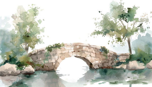 watercolor background illustration stone bridge over the river
