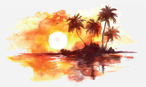 watercolor illustration sunset on the beach
