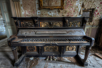 Fototapeta na wymiar Vintage piano with peeling paint in an abandoned building, showcasing a sense of nostalgia and decay, with natural light coming through a window.