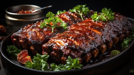 Realistic grilled barbeque with melted barbeque sauce and cut vegetables, black and blur background - obrazy, fototapety, plakaty