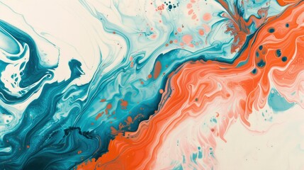 A close up of an orange and blue paint swirl on white paper in the style of fluid art. A fluid painting with a turquoise brown color palette featuring coral pink and beige fluid organic shapes