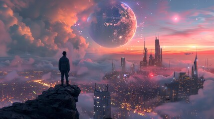 A lone figure stands on a cliff edge, gazing at a sprawling sci-fi cityscape with floating vehicles and a giant planet rising in the twilight sky. - obrazy, fototapety, plakaty