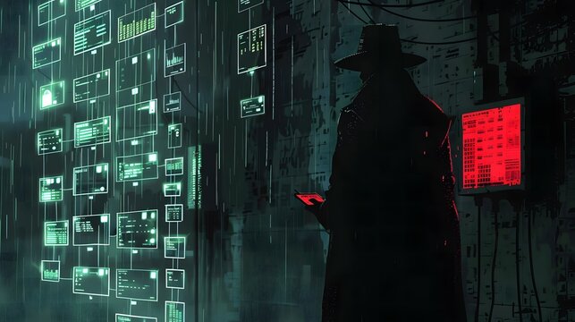 Combating financial fraud on blockchain, illustrated as a detective noir scene