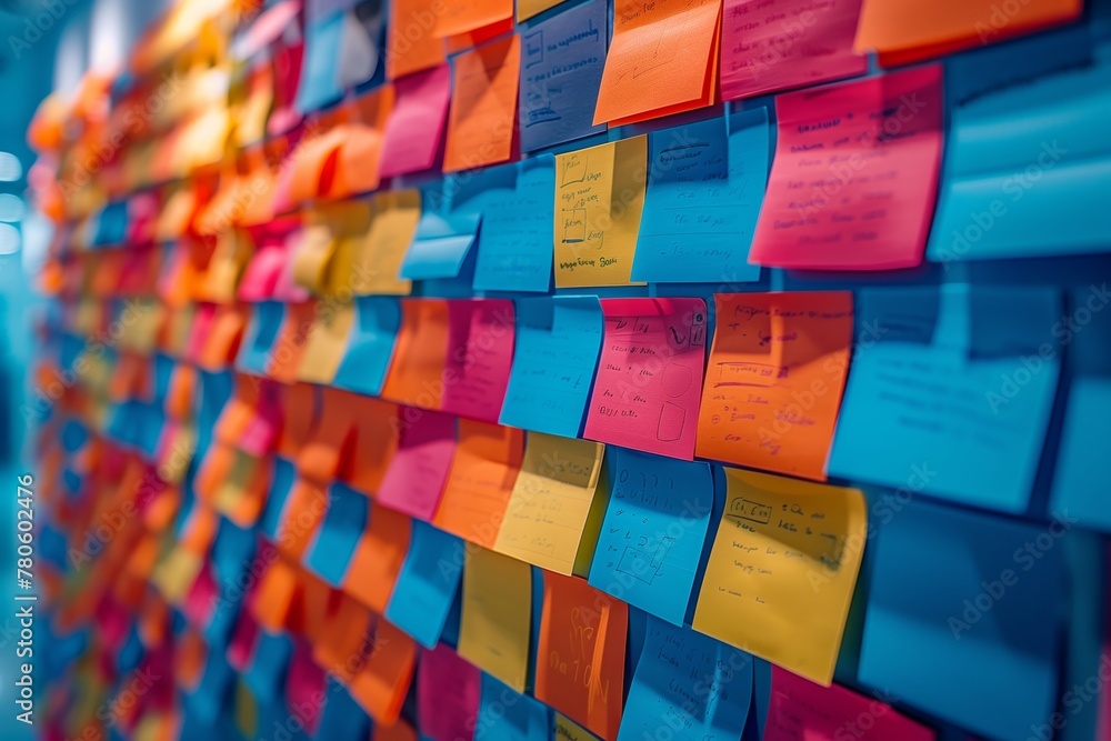 Poster colorful sticky notes on brainstorming board. close-up of a vibrant array of sticky notes on a brain