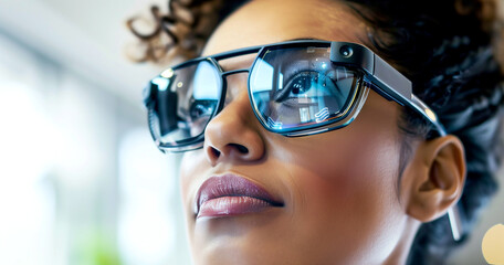 A woman wearing smart glasses, showcasing innovative technologies and modern scientific achievements.