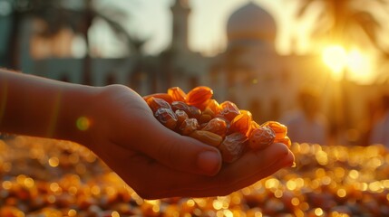 An open hand presents a cluster of dates with a warm sunset and the silhouette of a mosque in the background, signifying generosity and tradition. - obrazy, fototapety, plakaty