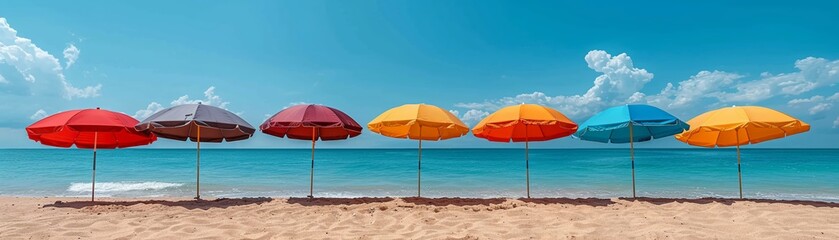 Clipart collection of beach umbrellas, offering colorful shade on sandy shores, a summer essential cinematic